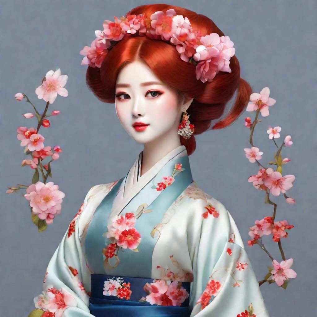Girl with Red Hair in Hanbok Dress