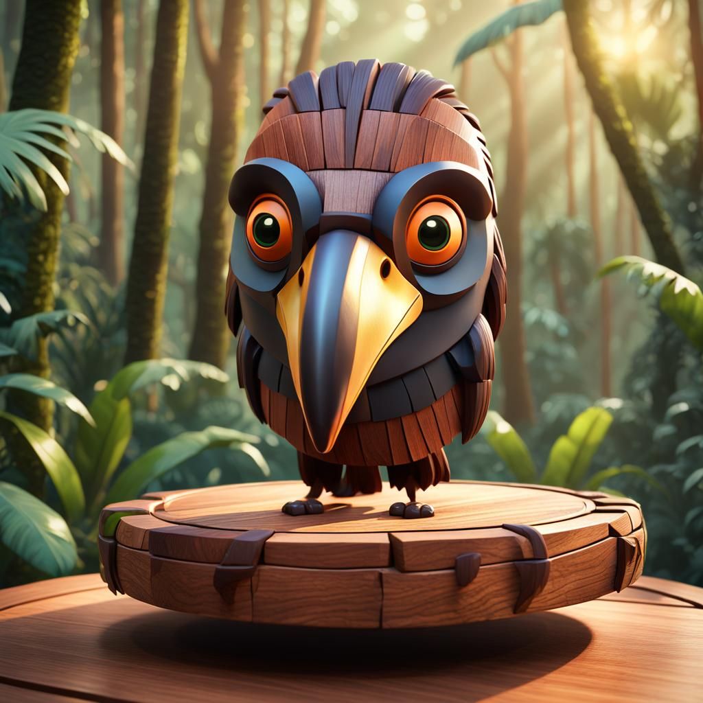 Wooden Toucan Mask in Jungle: 3D Digital Art