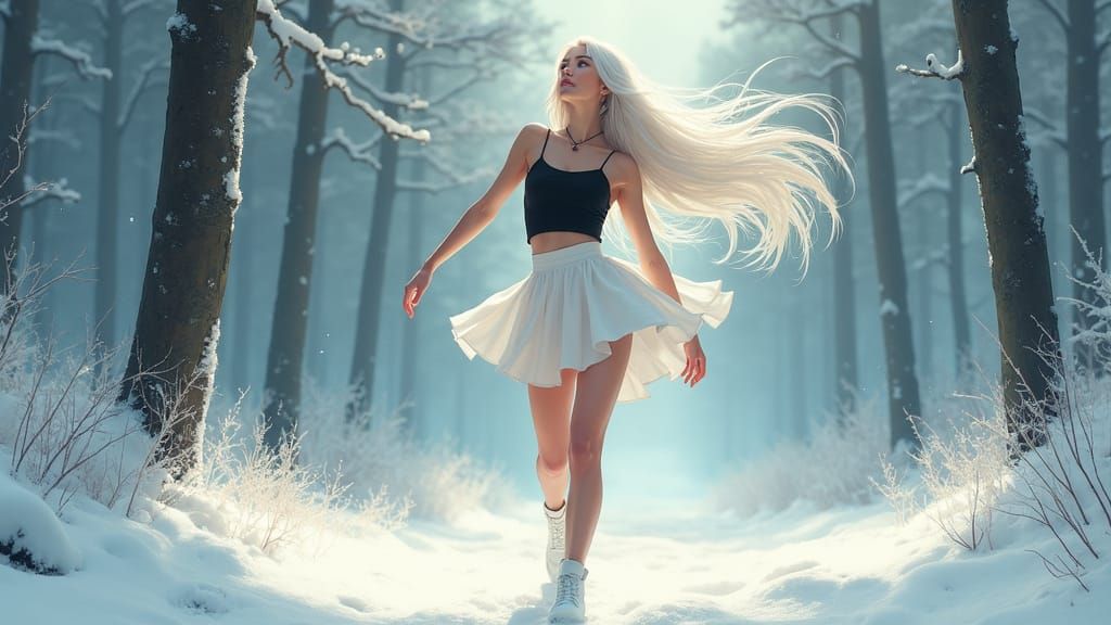 Woman Dancing in Snowy Forest, Anime Style