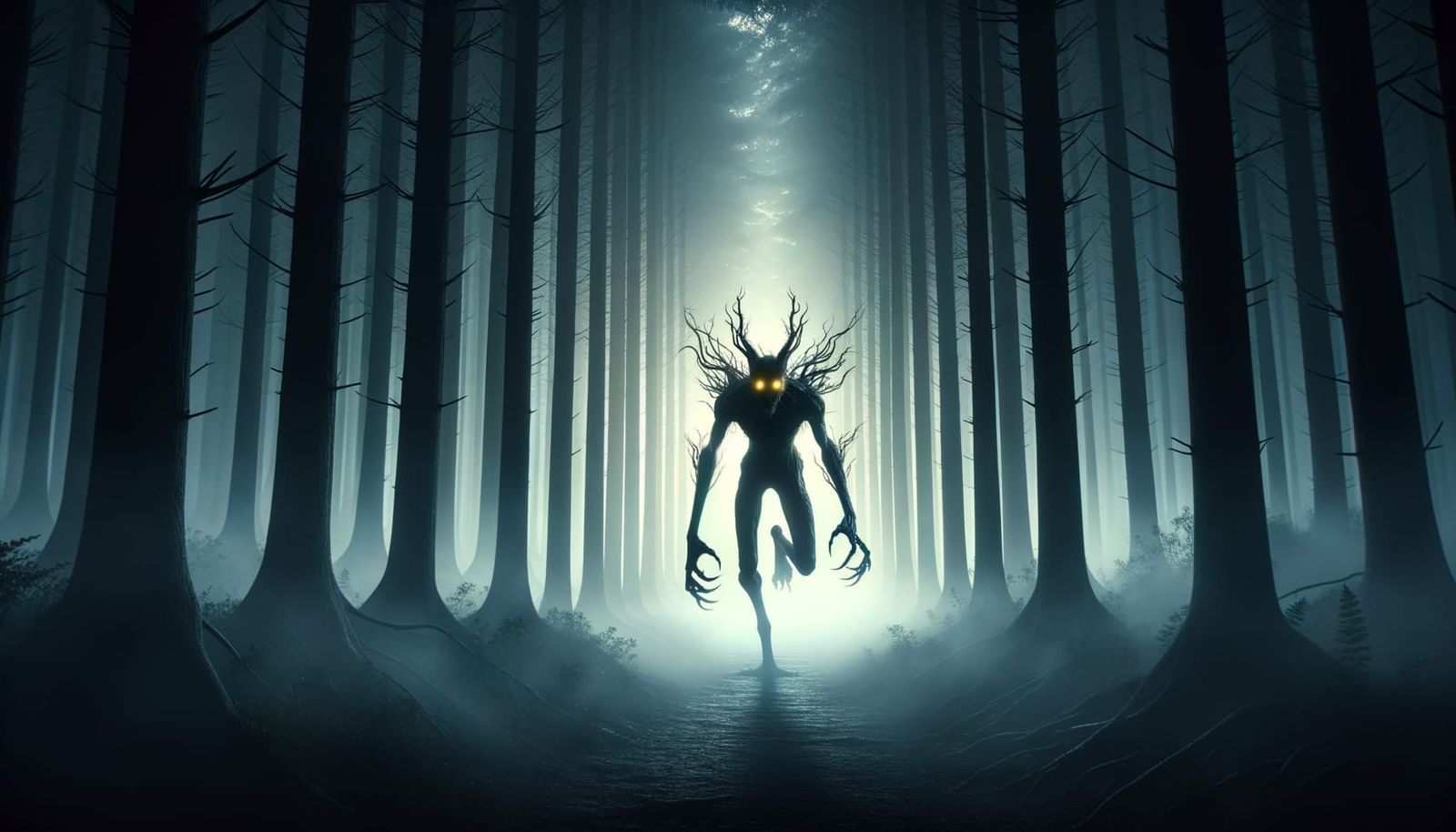 Demonic Silhouette Runs Through Misty Forest