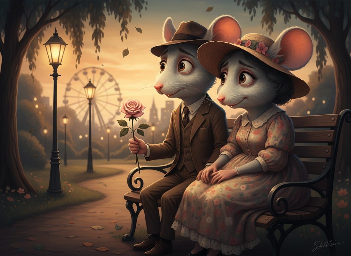 Mice in Vintage Attire Share Bittersweet Romance on Park Ben...