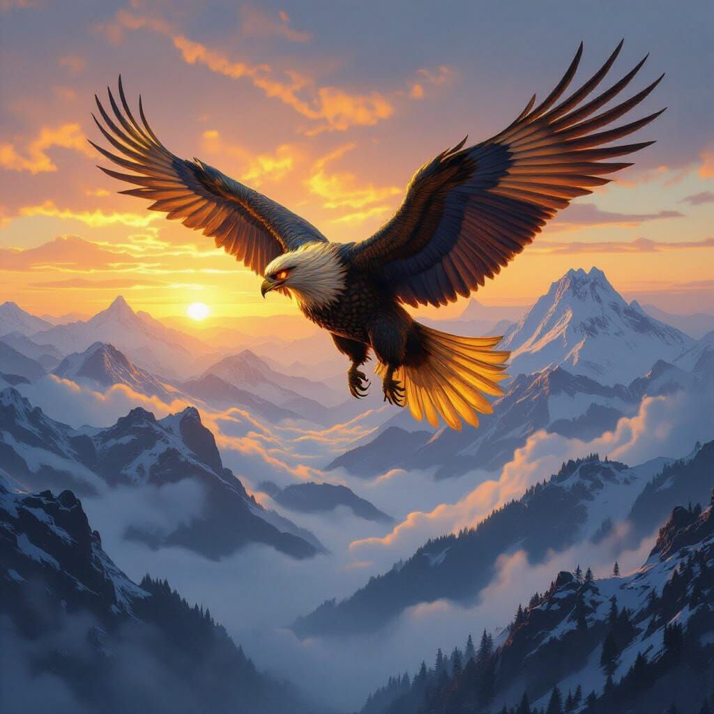 Griffin Soaring Over Misty Mountains in Oil Painting Style