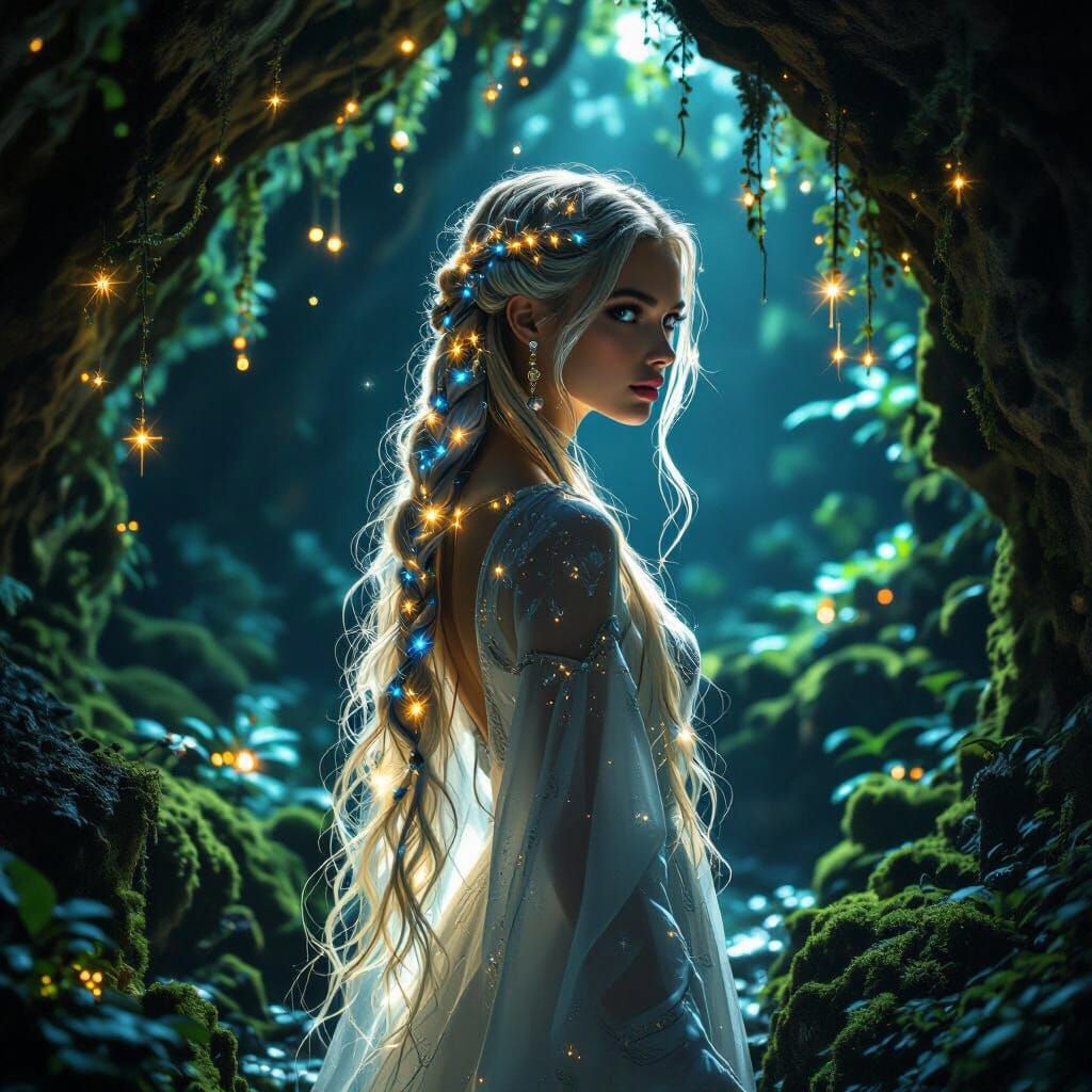 Bioluminescent Beauty in Ethereal Grotto: Cinematic Portrait