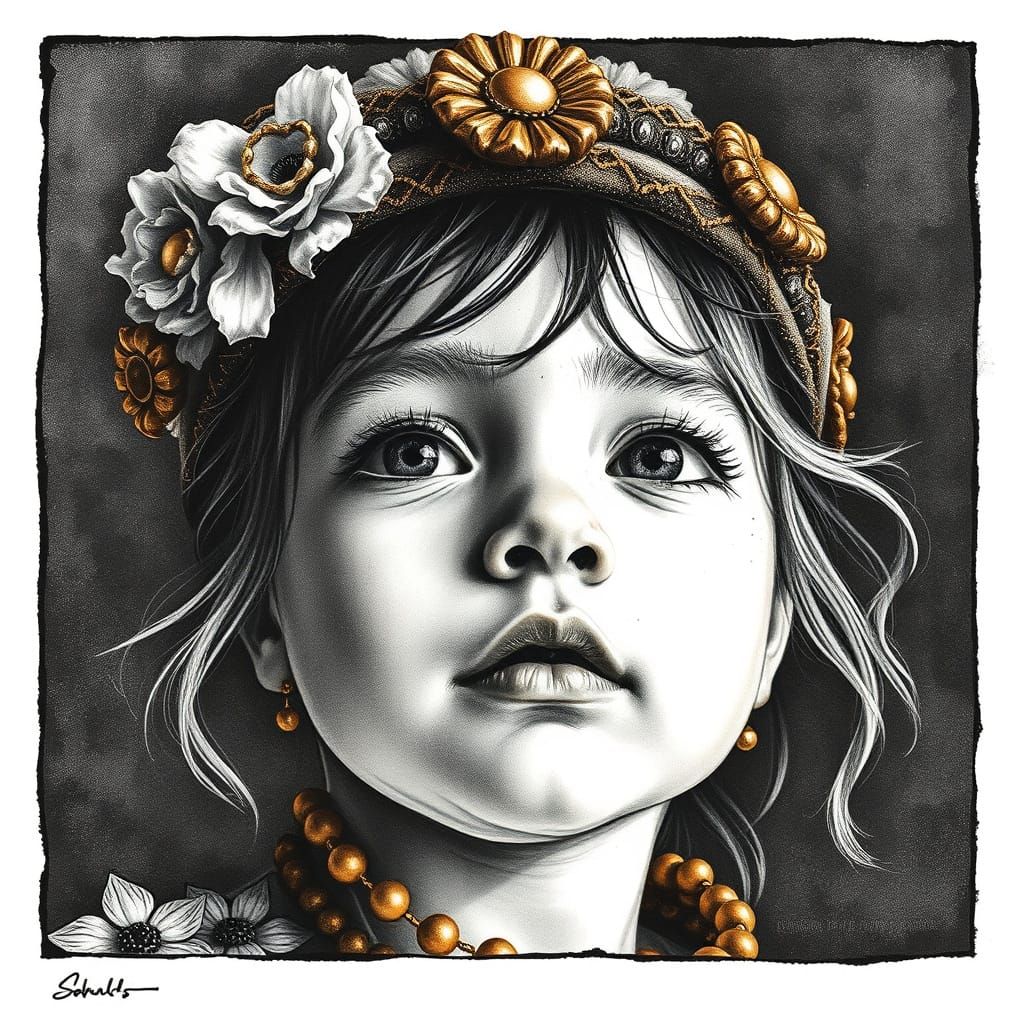 Whimsical Bohemian Child in Copper Gilded Portrait