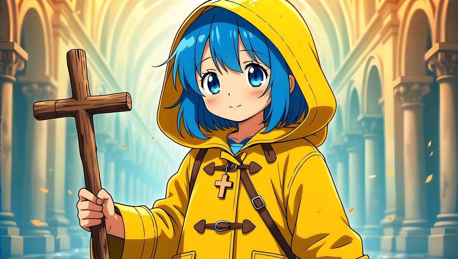 Anime Girl in Muddy Green Boots Holds Wooden Cross