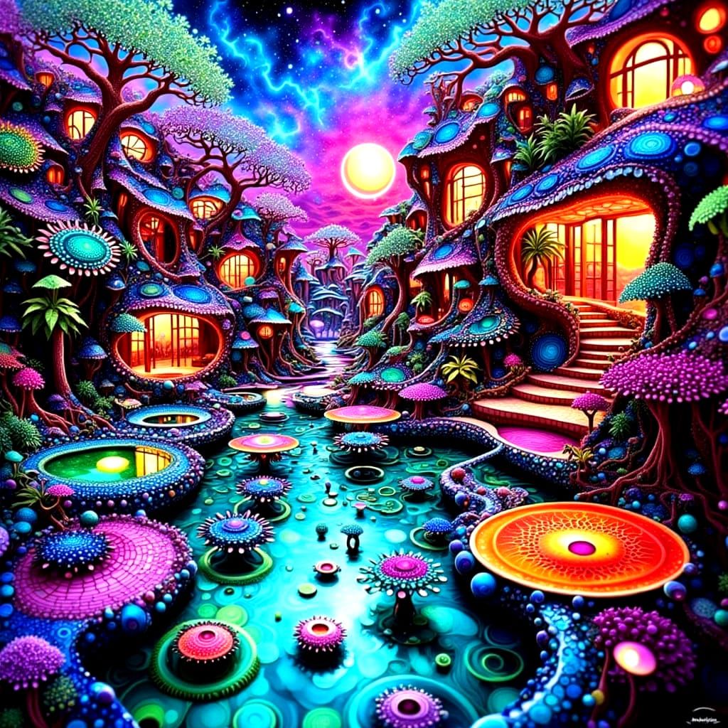 Hundertwasser-Inspired Architectural Forms in Psychedelic La...