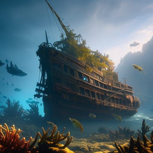 Sunken Ship Wreckage with Corals and Sea Life