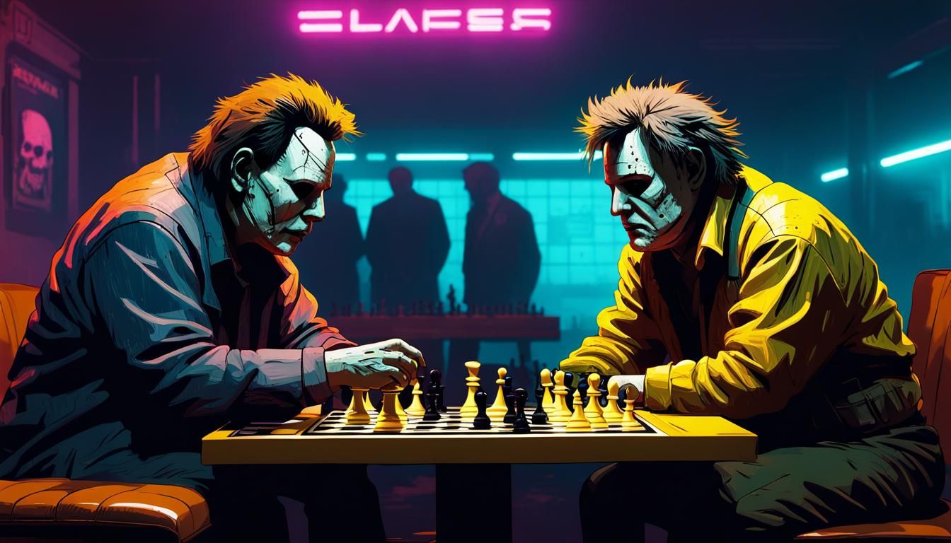 Michael Myers and Leatherface Play Chess in Cyberpunk Style