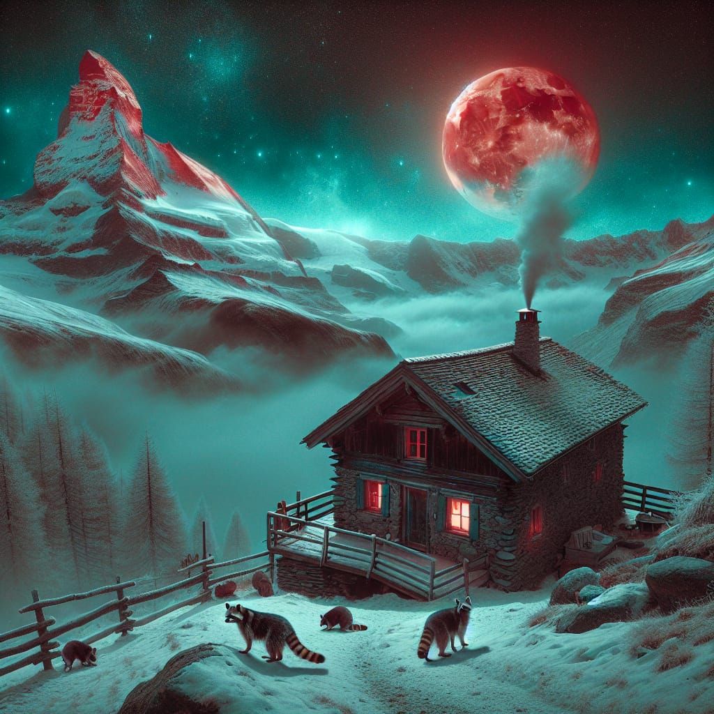 Raccoons Under Red Moon in Swiss Winter Landscape
