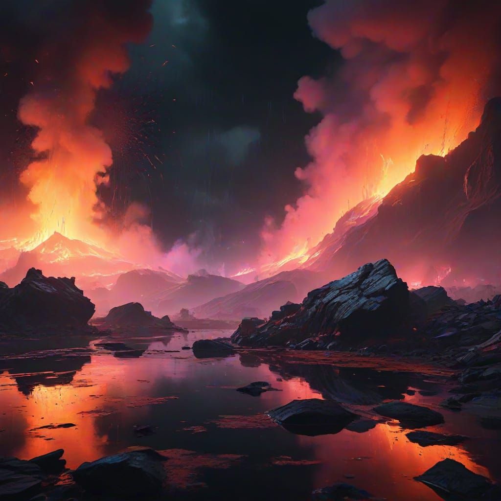 Cyberpunk Glacier Calving into Fiery Lake