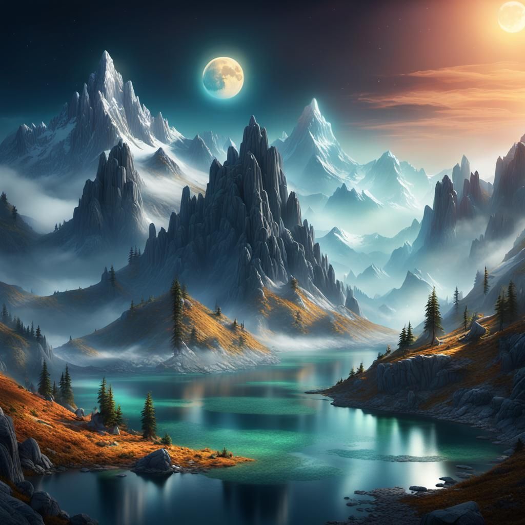 Mystical Mountains Split by Sun and Moon