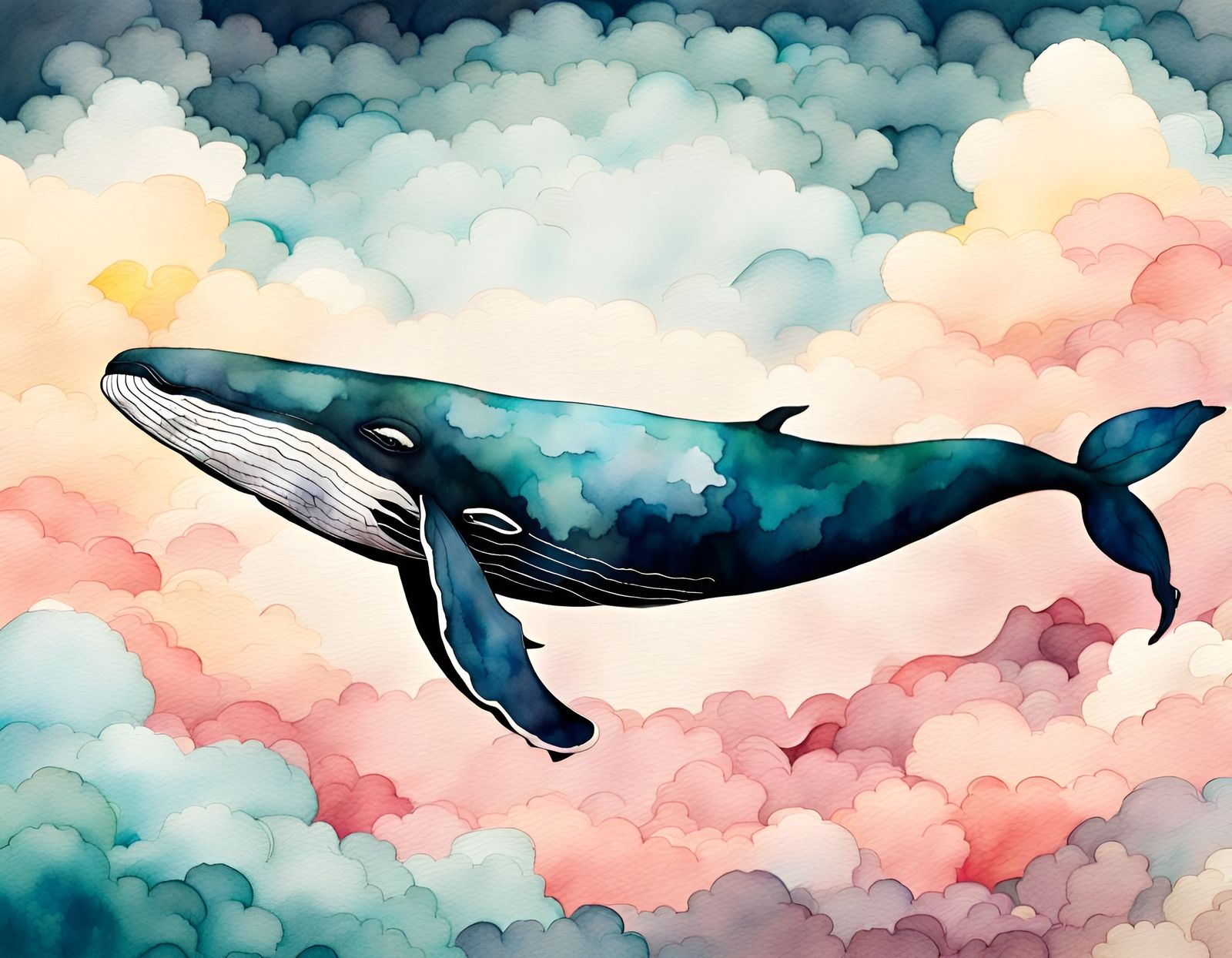 Whale Swimming in Clouds Watercolor Painting