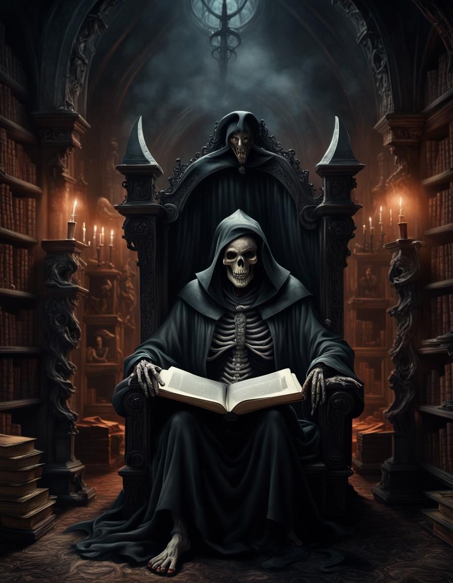 Grim Reaper Reading in a Macabre Dungeon