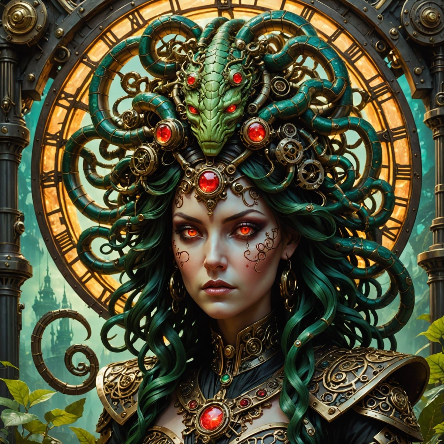 Steampunk Medusa on Solarpunk Temple, Hyperrealistic Art
