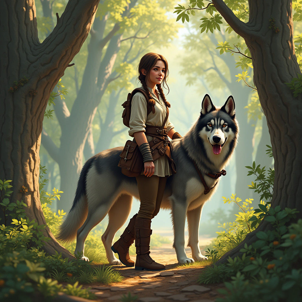 Halfling Huntress and Wolfhound in Fantasy Forest