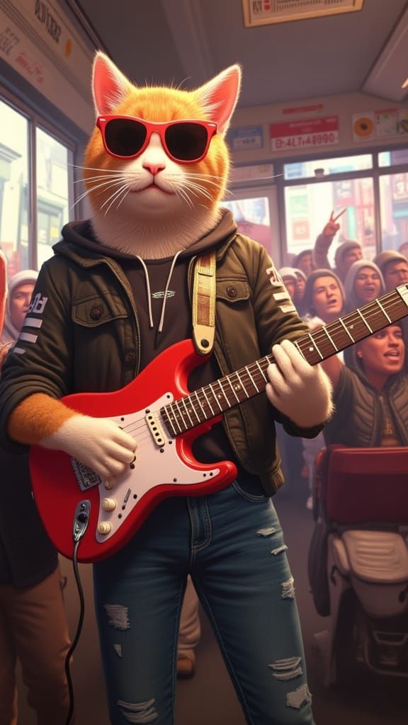 Cat Rockstar on a Bus in Cyberpunk Style
