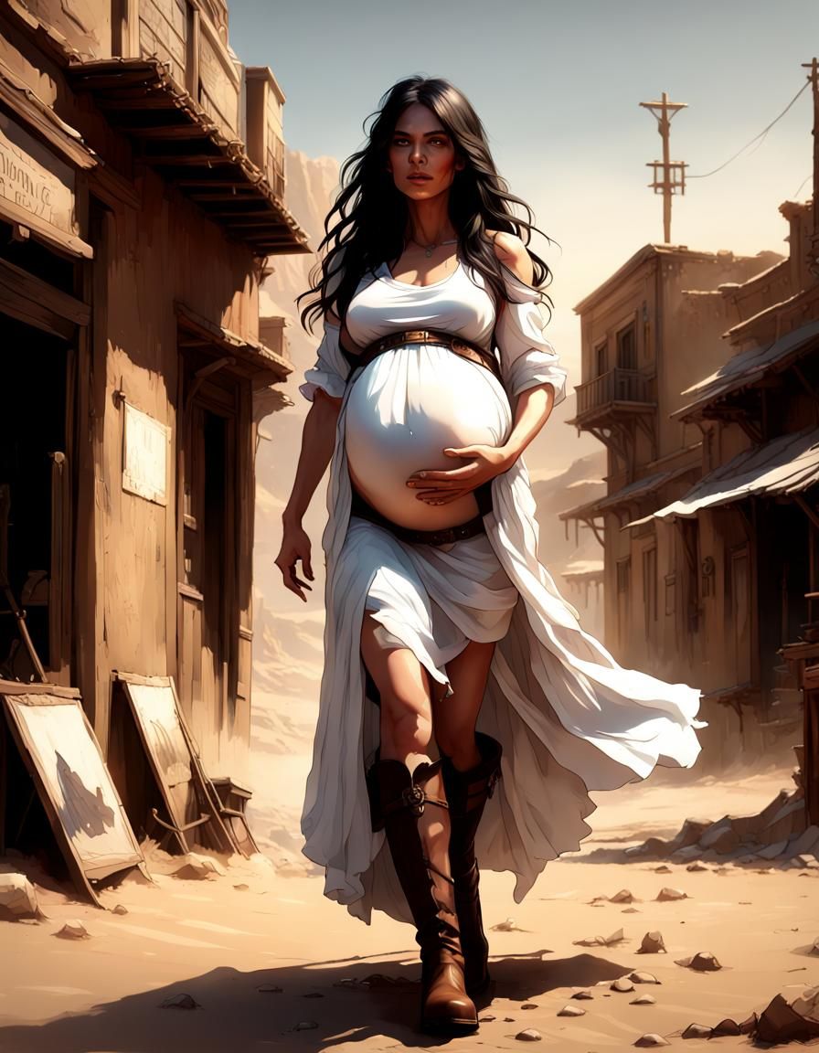 Pregnant Gunslinger in Desert Town, Dark Fantasy Art