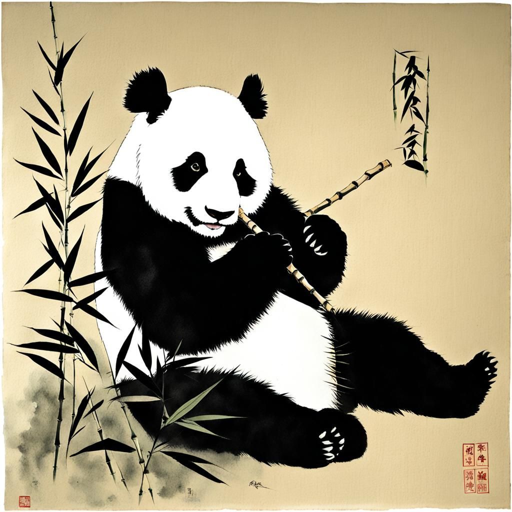 Giant Panda Eating Bamboo: Sumi-e Ink Wash Painting