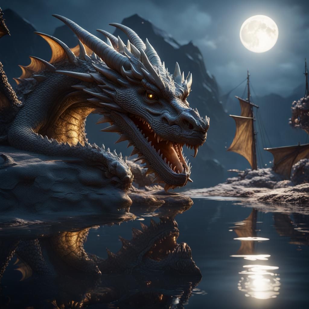 Epic Dragon Reflection Under Moonlight in 3D