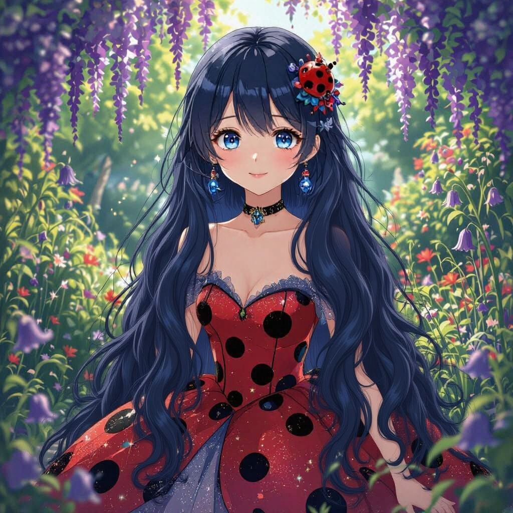 Anime Girl in Ladybug Gown with Blue Hair