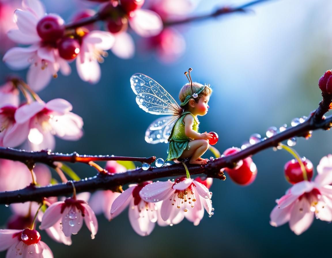 Tiny Fairy on Cherry Blossom, Macro Photography