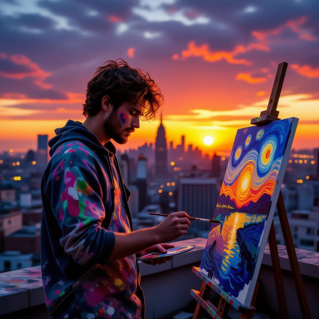 Artist Painting on Rooftop at Sunset
