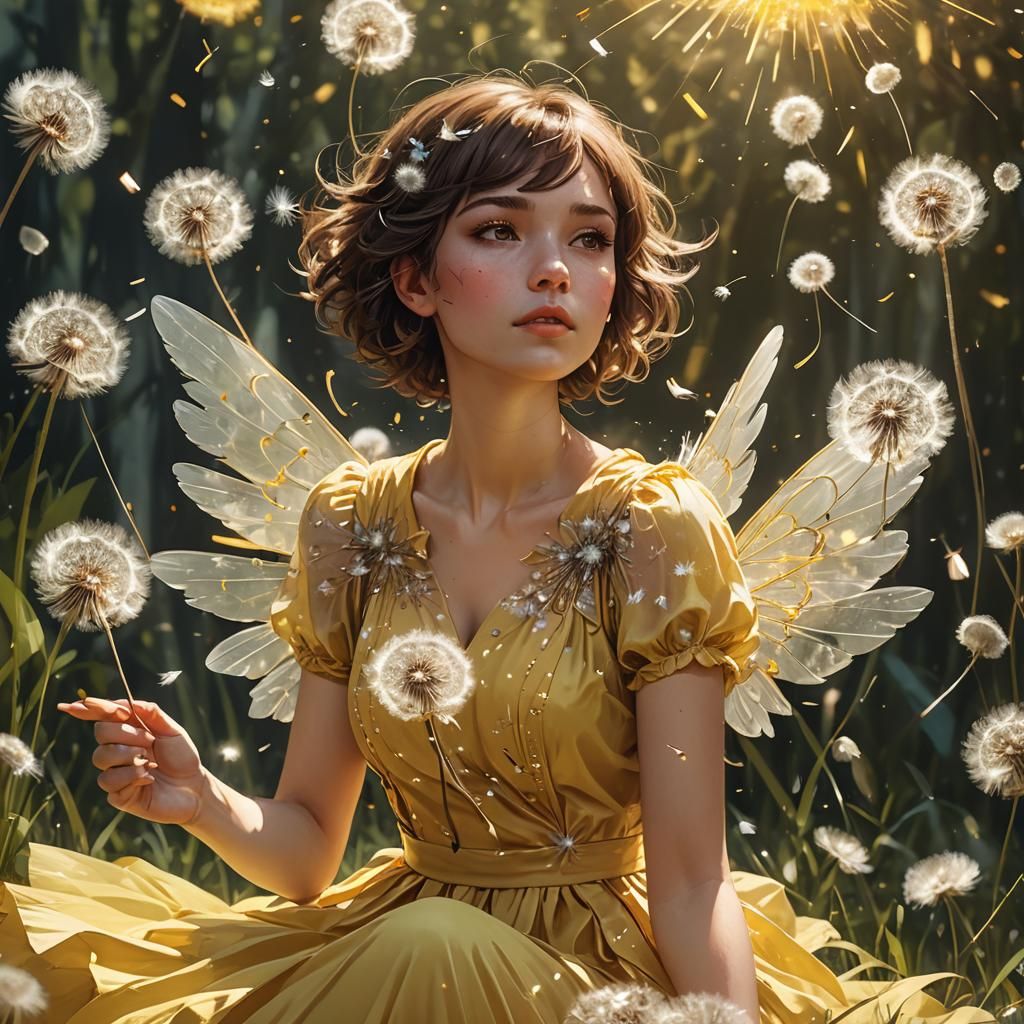 Girl on Dandelion with Wings, Digital Art