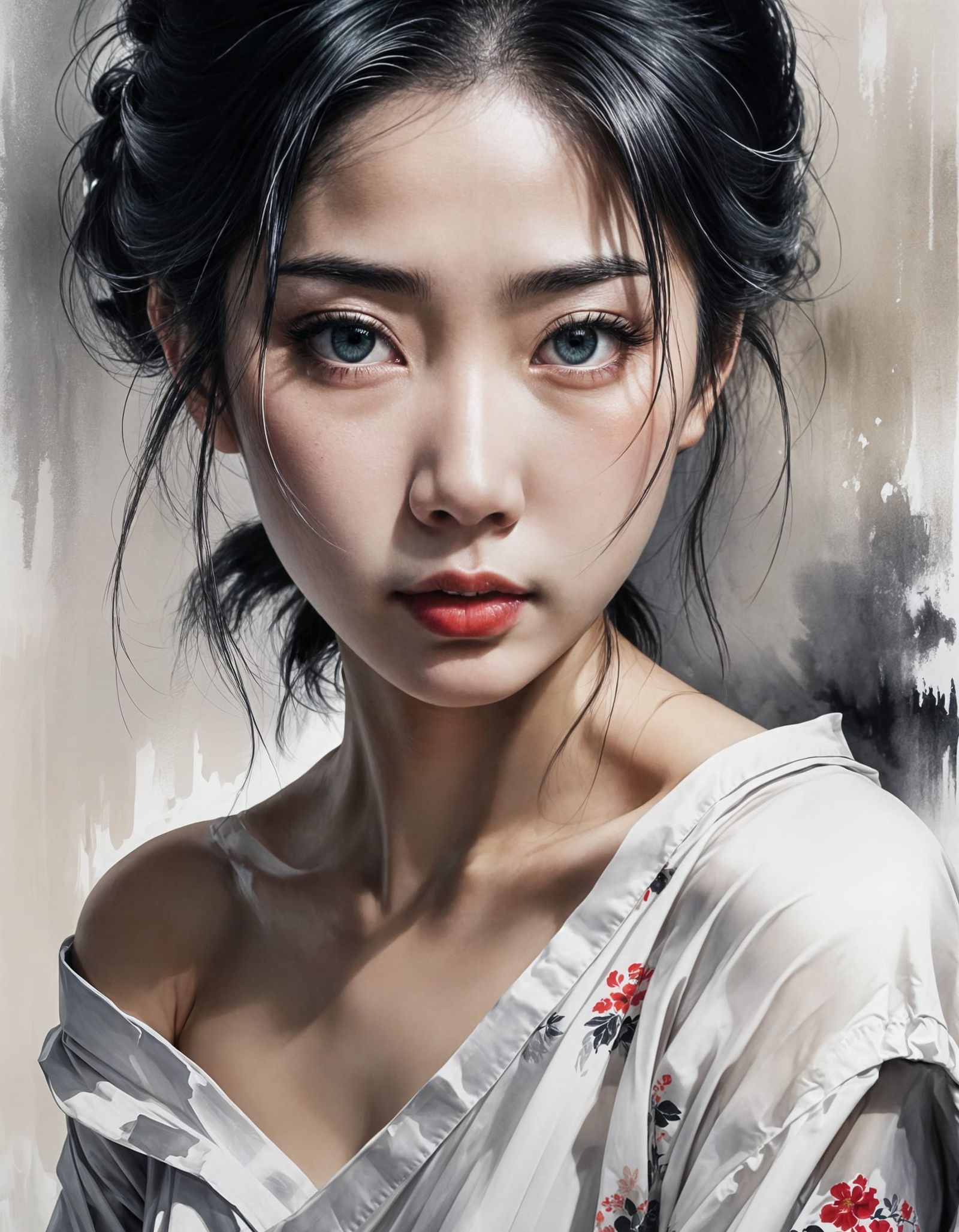 Melancholic Japanese Woman Portrait in Acro Ink Style