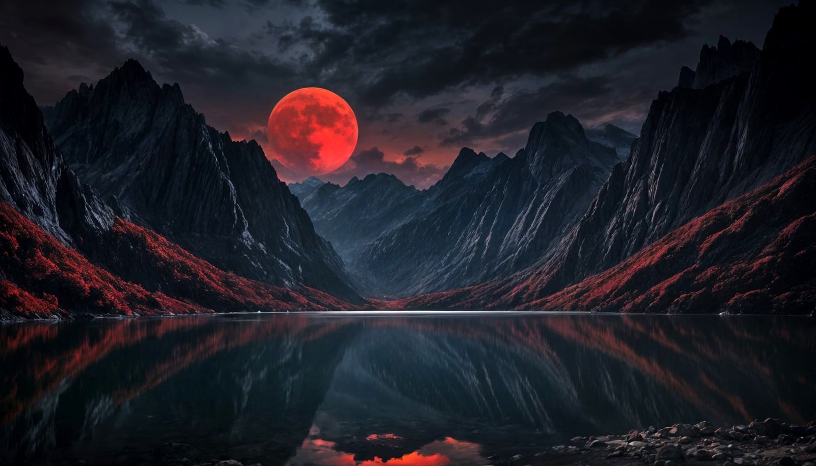 Red Moon Illuminates Dramatic Mountain Landscape