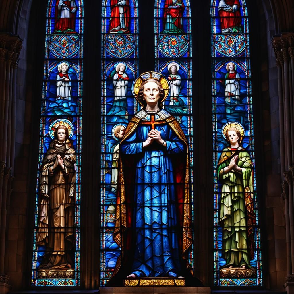 Margaret Thatcher as Saint in Stained Glass Art