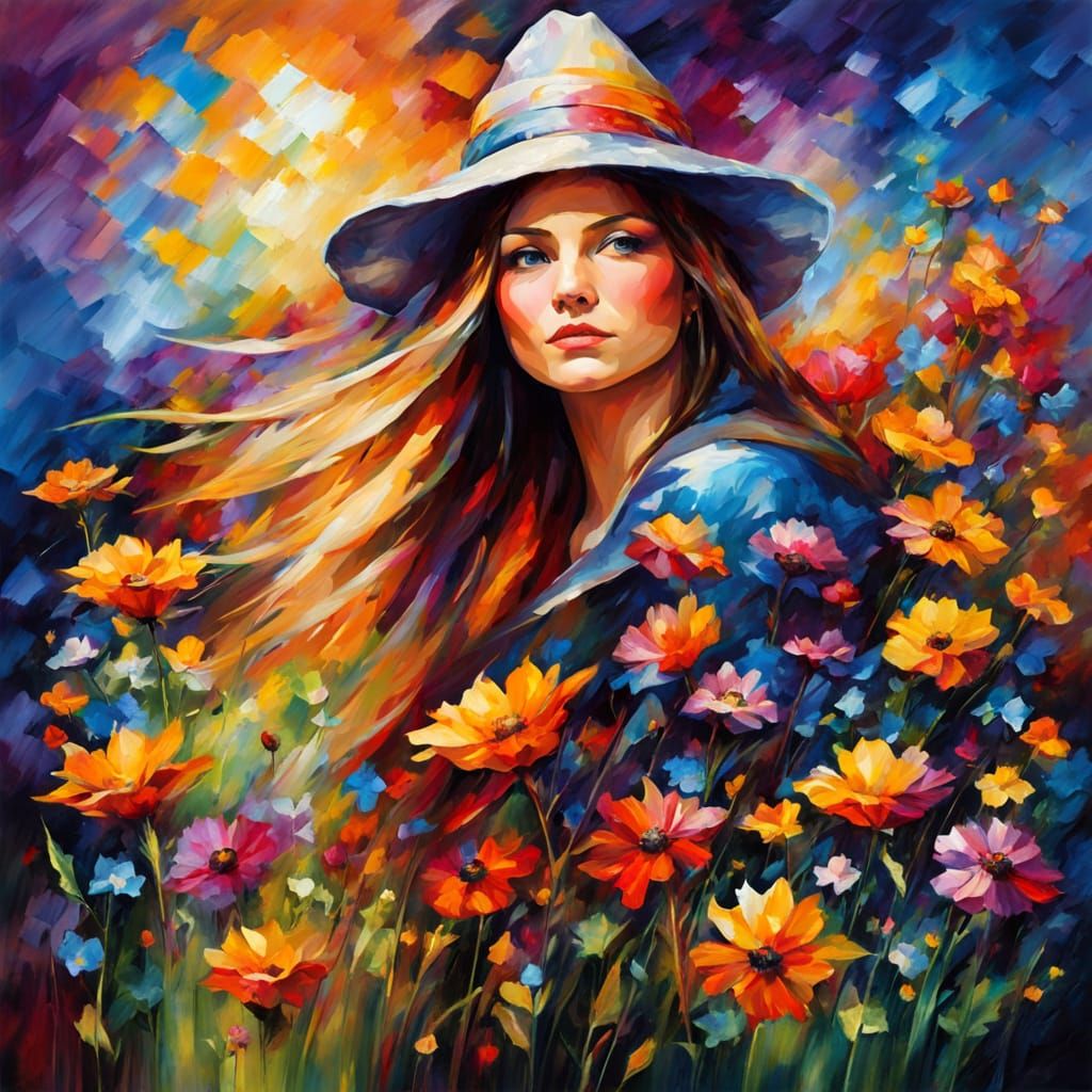 Radiant Woman Wizard Among Wildflowers