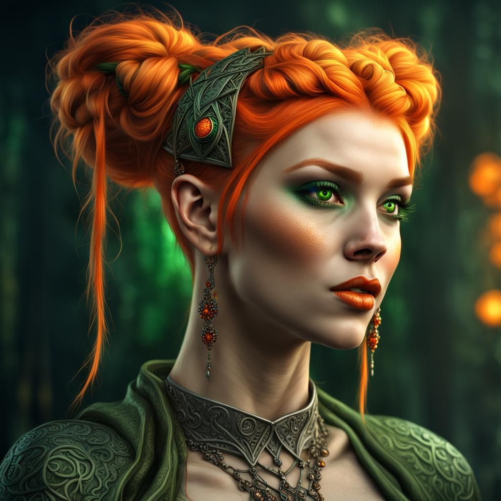 Hyperrealistic Elven Woman with Orange Hair and Piercings