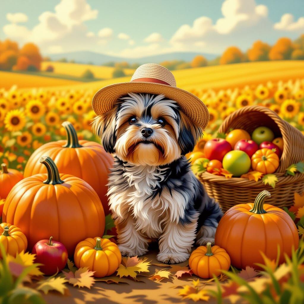 Whimsical Yorkie in Straw Hat with Autumn Harvest