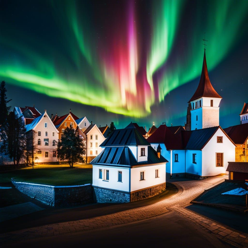 Aurora Borealis Over Estonian Medieval City