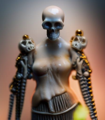 Skull-Faced Queen Porcelain Figurine: Macro Photography