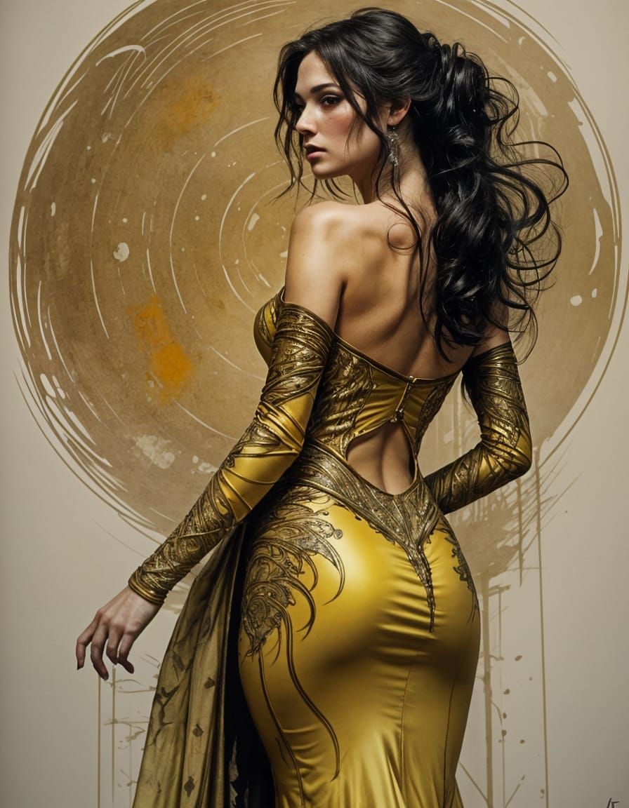 Brunette Girl in Flowing Dress, Textured Illustration