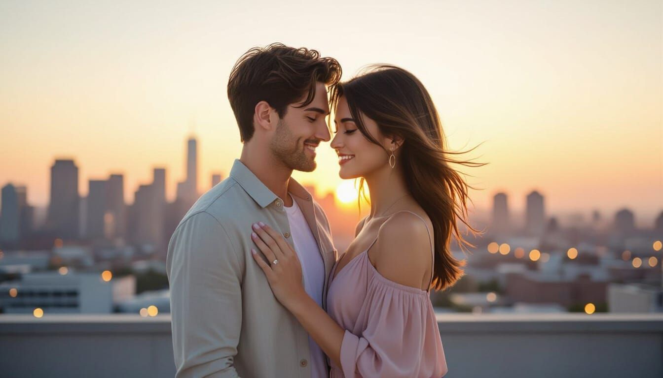 Romantic Couple on Rooftop at Golden Hour