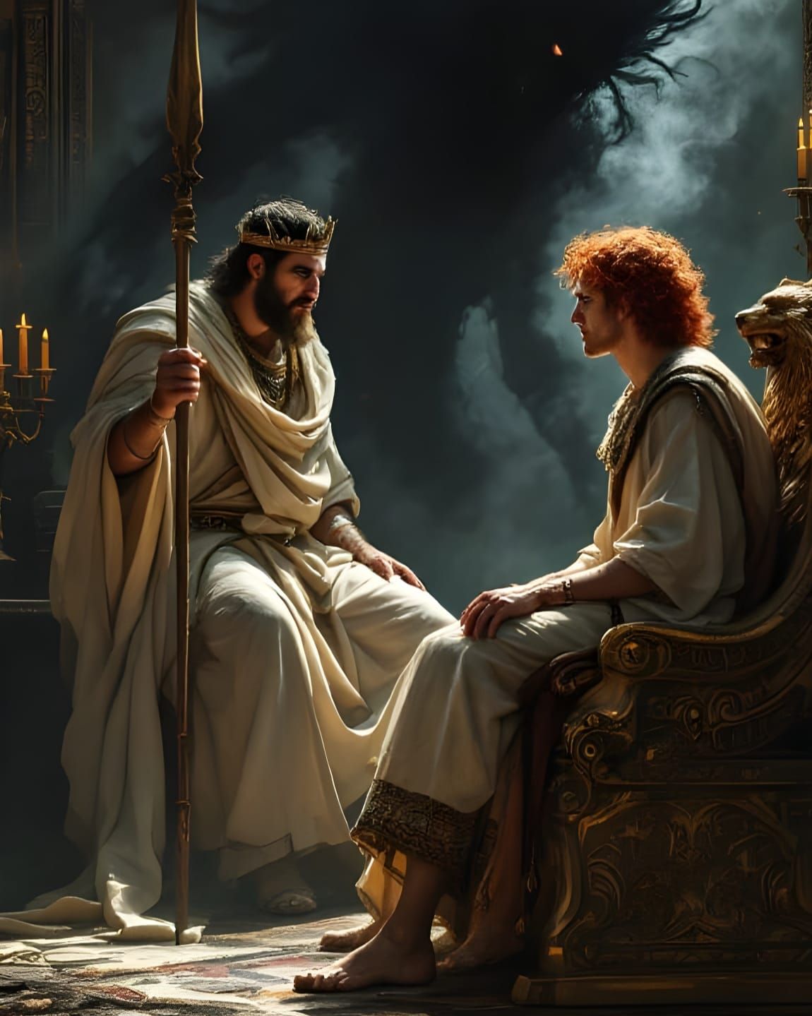 Ancient King Shaul Confronts Dark Forces in Ornate Chamber