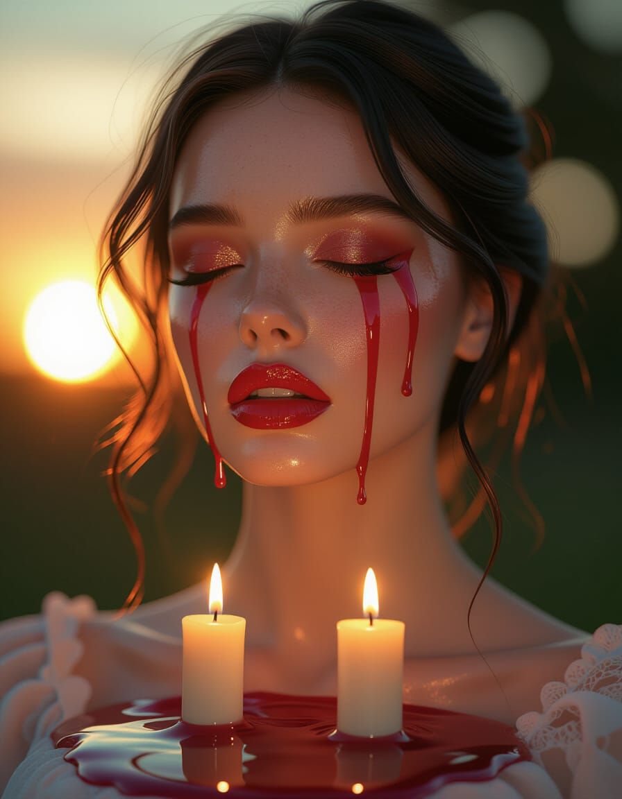 Crimson Wax Tears on Woman's Face in Warm Sunrise