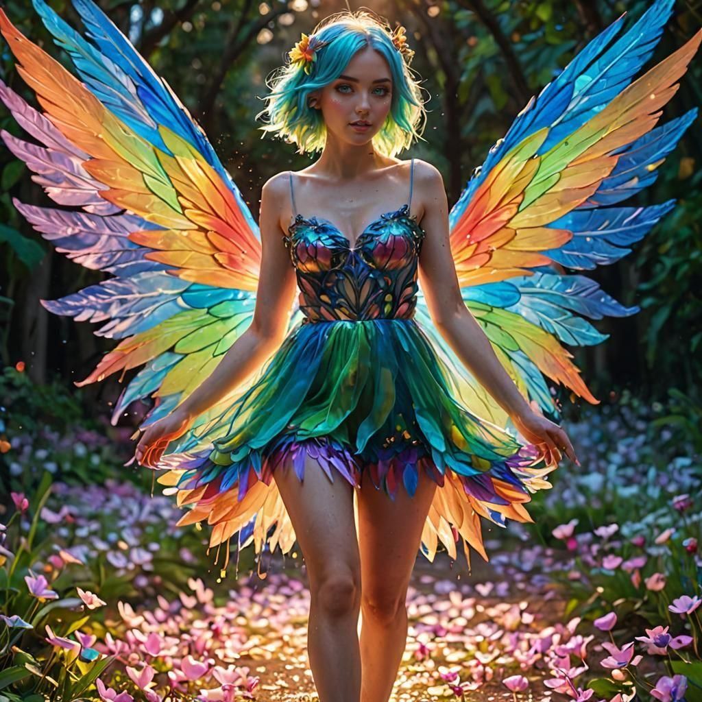 Rainbow Fairy Walking on Flower Petal in Expressionism Style