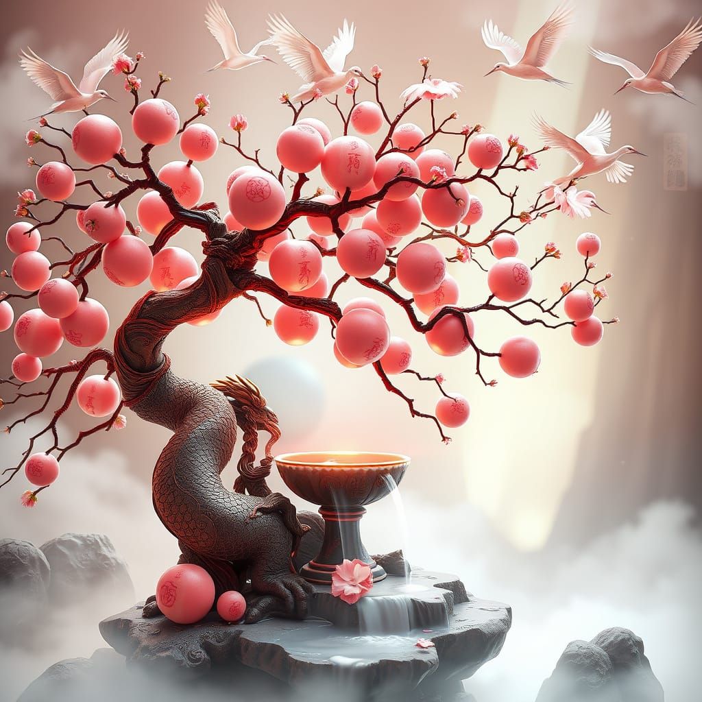Ethereal Peach Bonsai in Taoist Paradise