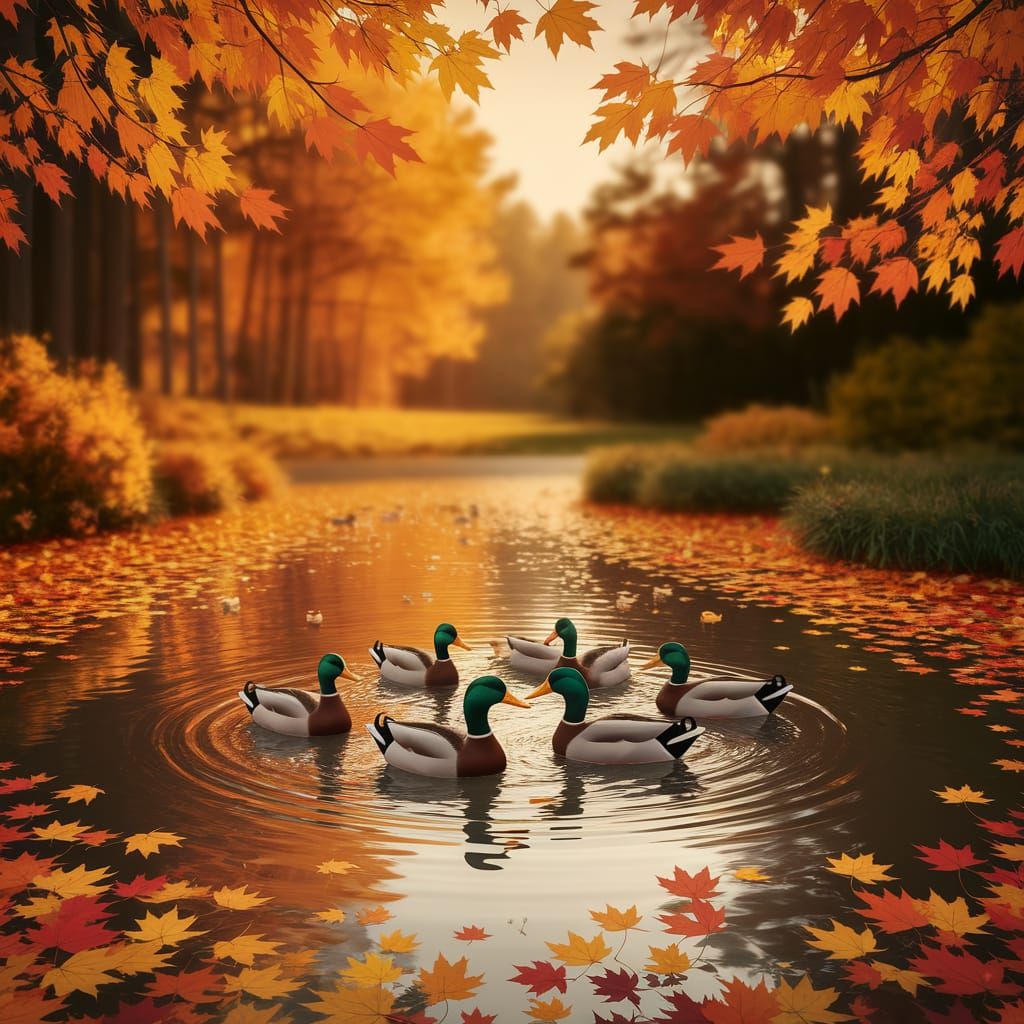 Ducks in Autumn Pond During Golden Hour