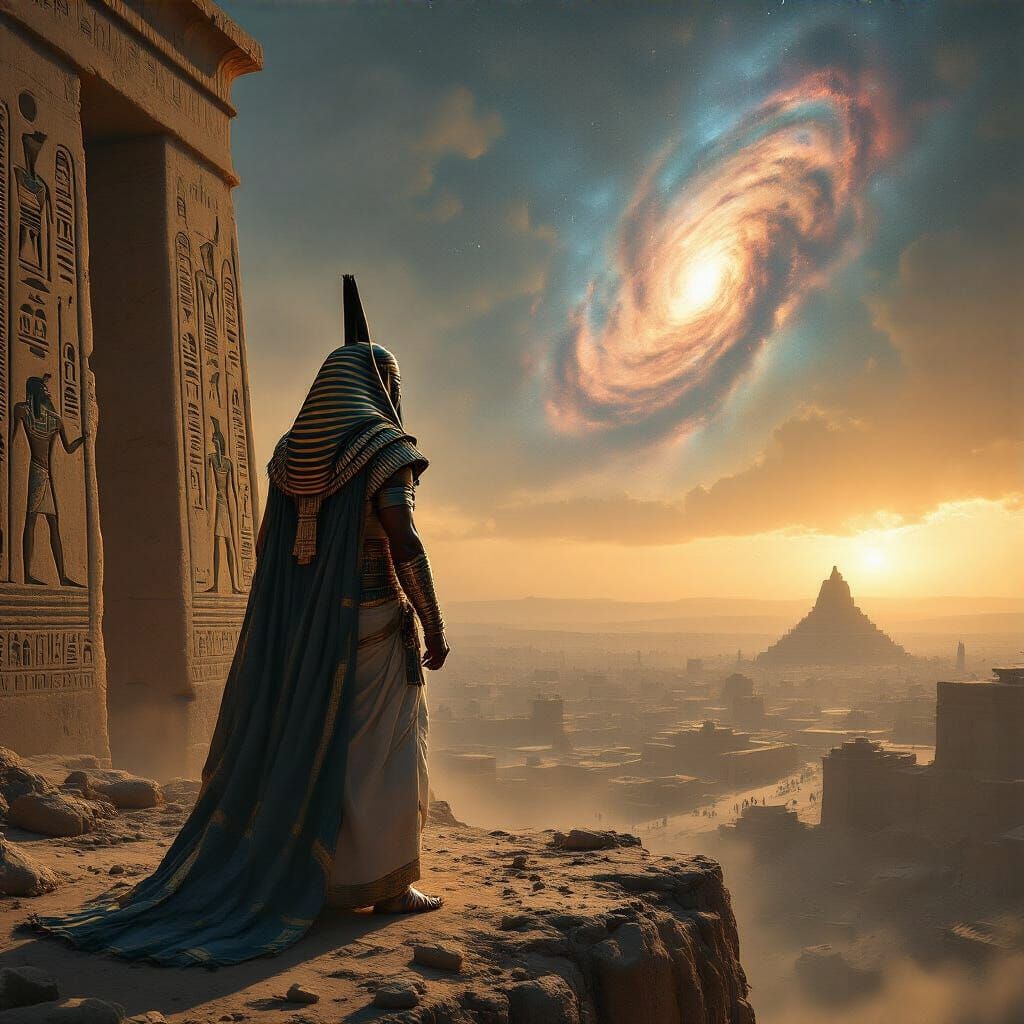 Pharaoh Gazes at Nebula Over Ancient City Ruins