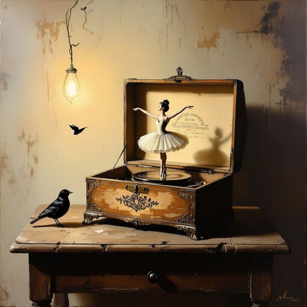 Antique Music Box and Ballerina in Surrealist Style