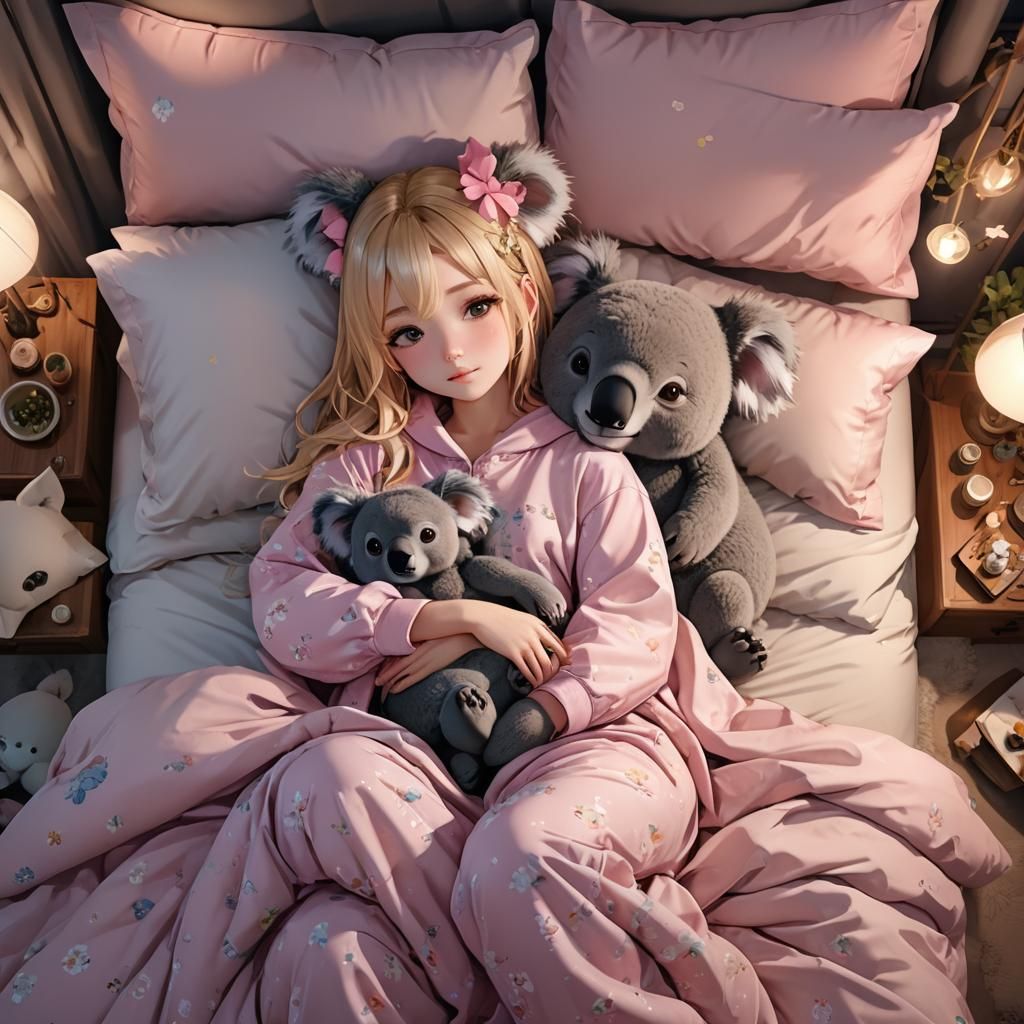 Girl Cuddling Koala in Anime Bedroom
