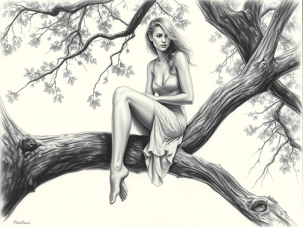 Ethereal Barefoot Beauty perched on a Tree Branch in Charcoa...