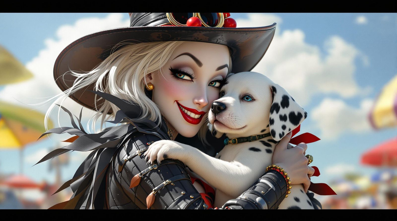Cruella Deville Adores a Dalmatian Puppy in a Sunny Day Scen...
