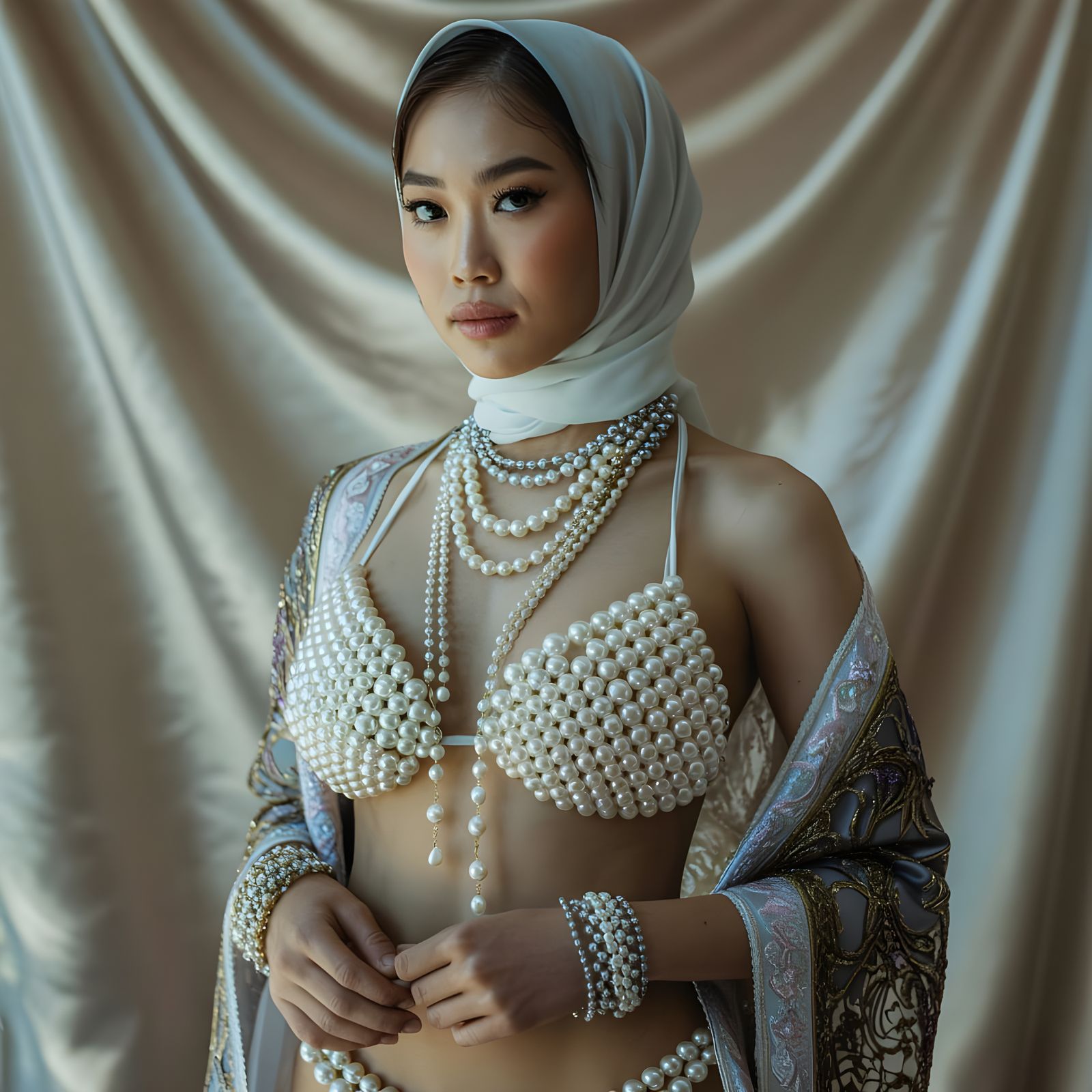 Elegant Asian Woman in Pearl Bikini and Hijab