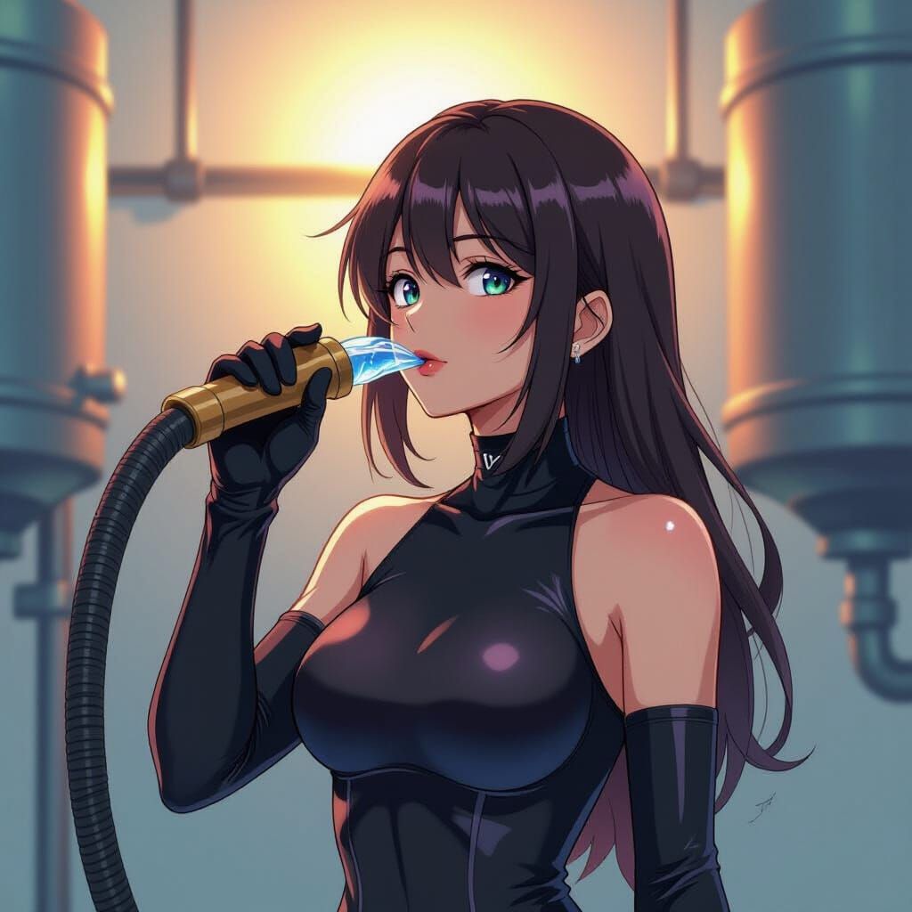 Anime Woman Drinks from Water Tank in Studio Trigger Style