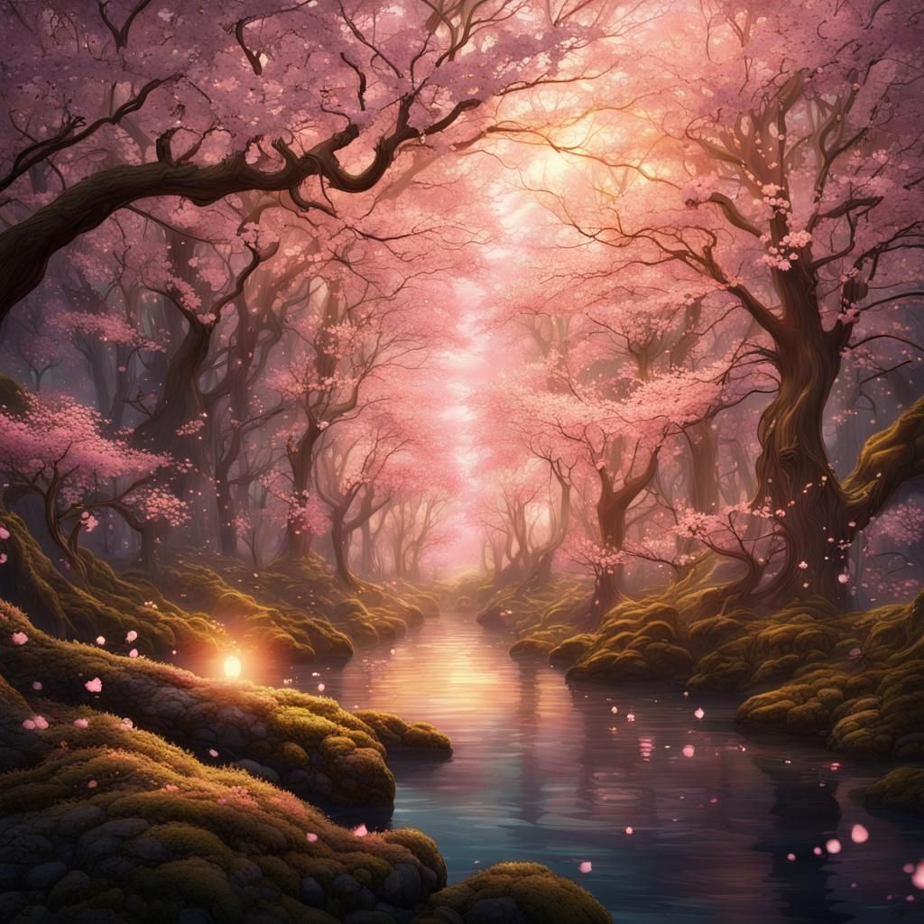 Enchanted Cherry Blossom Forest with Fairy Dust